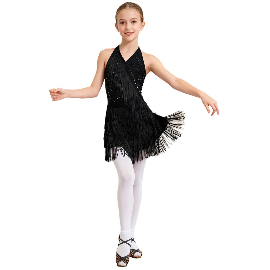 Kids Girls Latin Leotard Dress Dance Costume Rhinestones Fringe Bodysuit Skirted Dress Halter V-neck Sleeveless Tassel Jumpsuit
