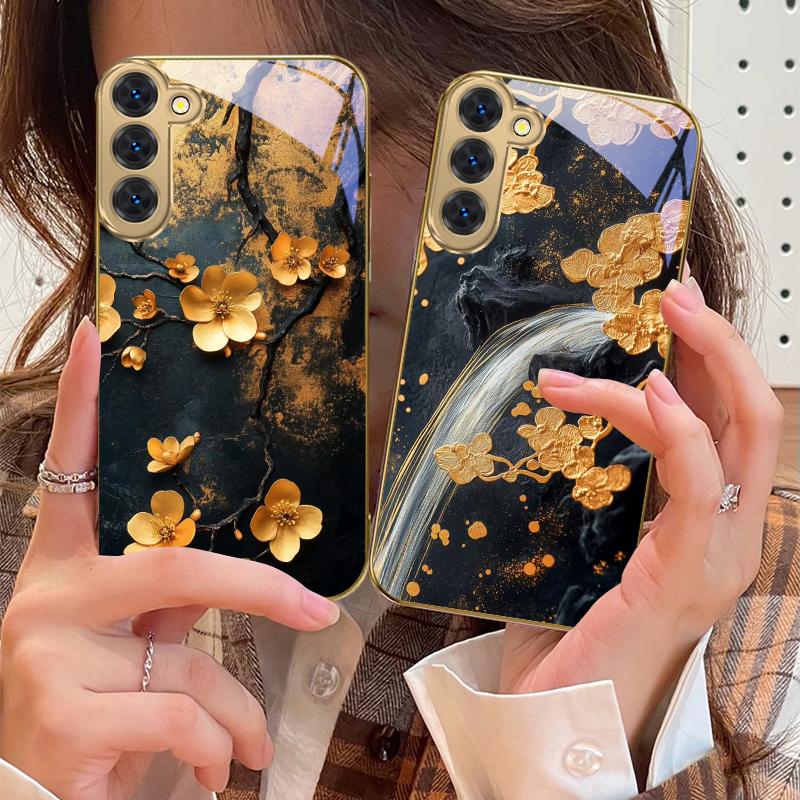 Golden Flower Branch For Samsung Galaxy S20 FE S21 S22 S23 Plus S24 Ultra 25Ultra S21+ S9+ S22Plus Golden Glass Phone Case