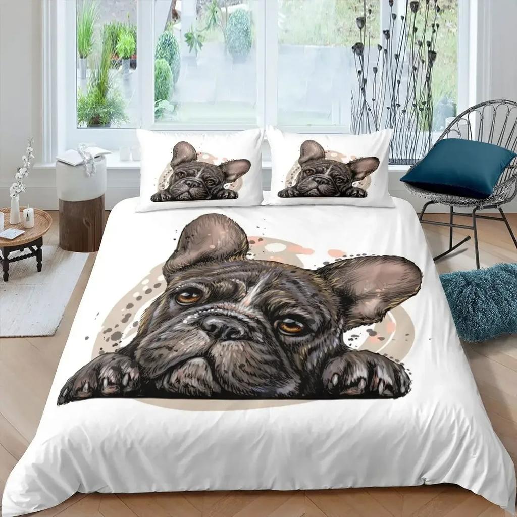 Bulldog Bettbezug Französische Bulldoggen Bettwäscheset Einzel Polyester Schokolade Welpe Haustier Hündchen Tier Steppdeckenbezug Für Hundeliebhaber Geschenke