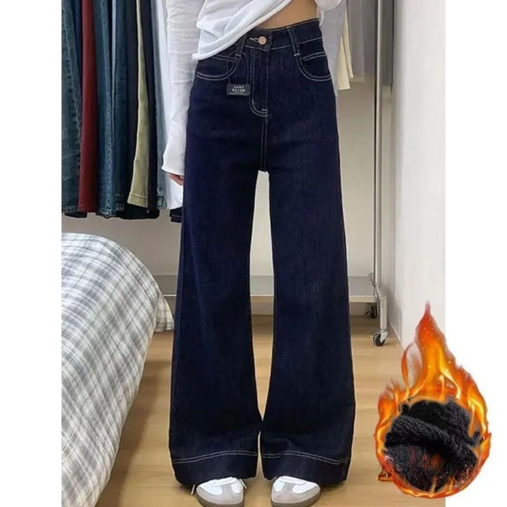 Women's High Rise Loose Fit Flared Jeans Fleece Lined Vintage Dark Blue Wide Leg Denim Pants Winter Floor Length Trousers