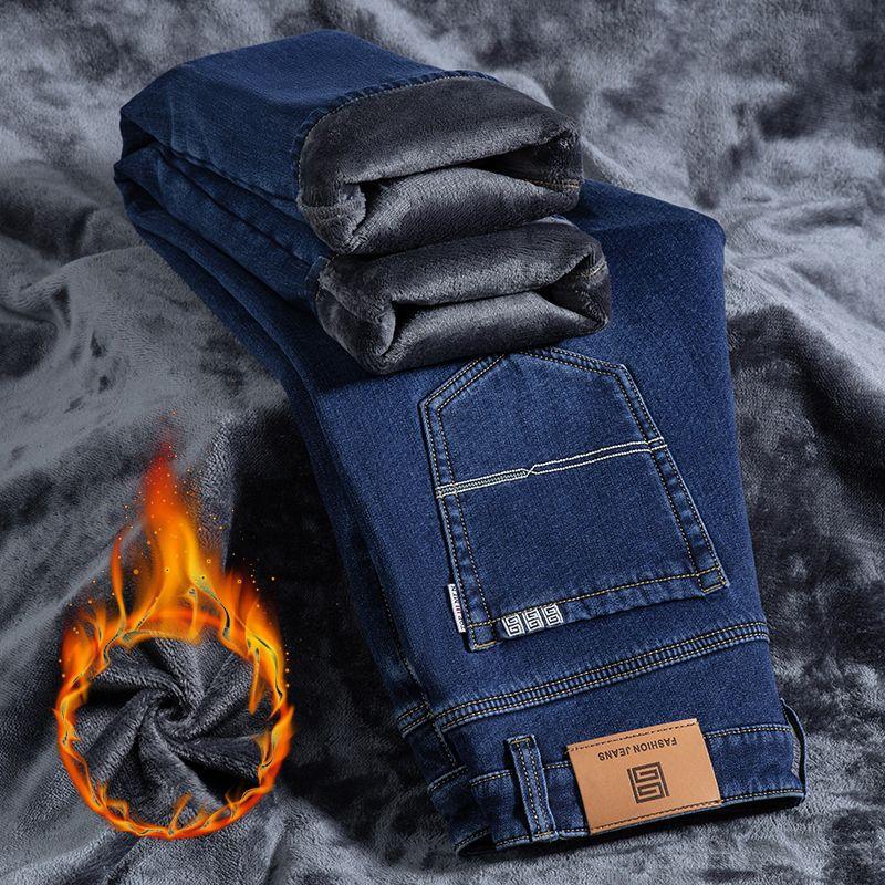 Autumn and Winter Fleece Thickened Jeans Spring and Autumn Business Loose Straight Pants Elastic Pants