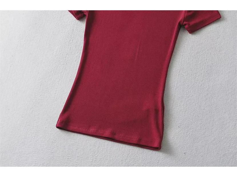 YPFF Summer Women's Solid Color Elastic Thread Basic Short-Sleeve Round Neck Top