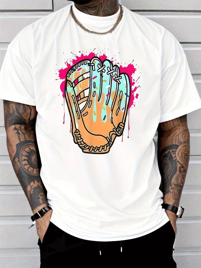 Colorful Baseball Glove Drip Splash Graphic Unisexs Cotton Crew Neck Tee Short Sleeve Loose Casual Daily Street Male Wear Top