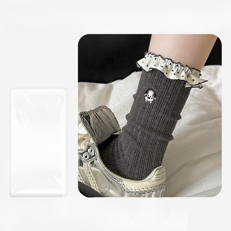 

Female Autumn and Winter All Match Embroidery Fungus Lace Absorb Sweat Breathable in The Tube Pile Socks 1 pair кофейный/серый