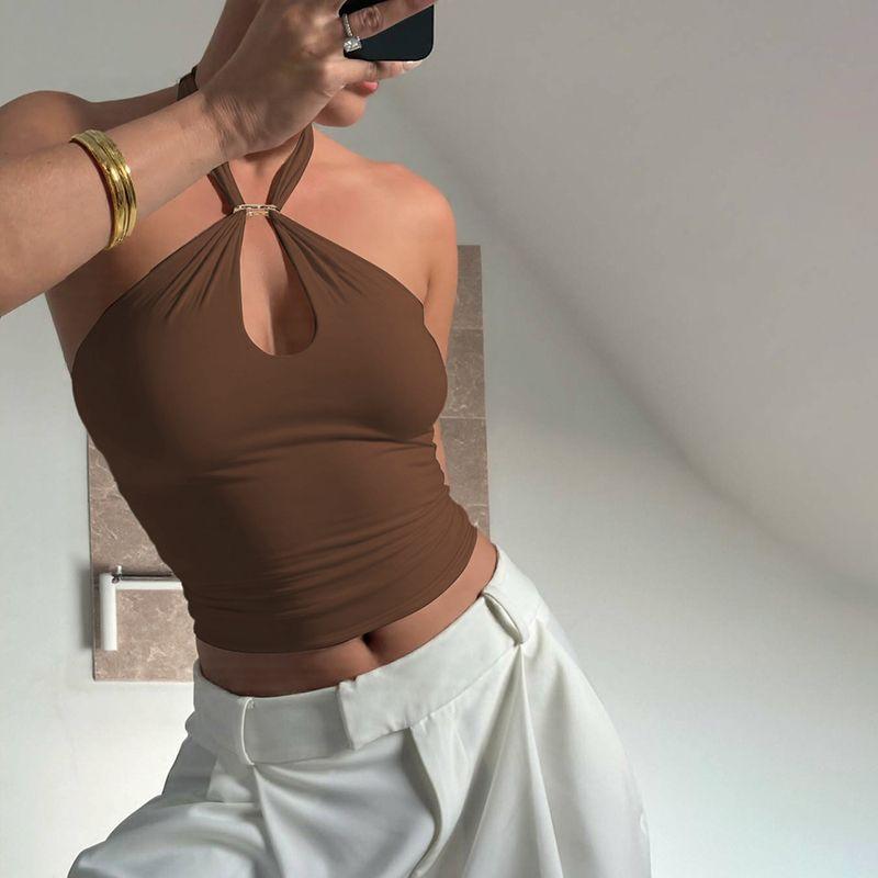Pure Color Fancy Metal Buckle Halter Lace-up Vest 2025 Summer Wear Sexy Silm Slimming Short Top