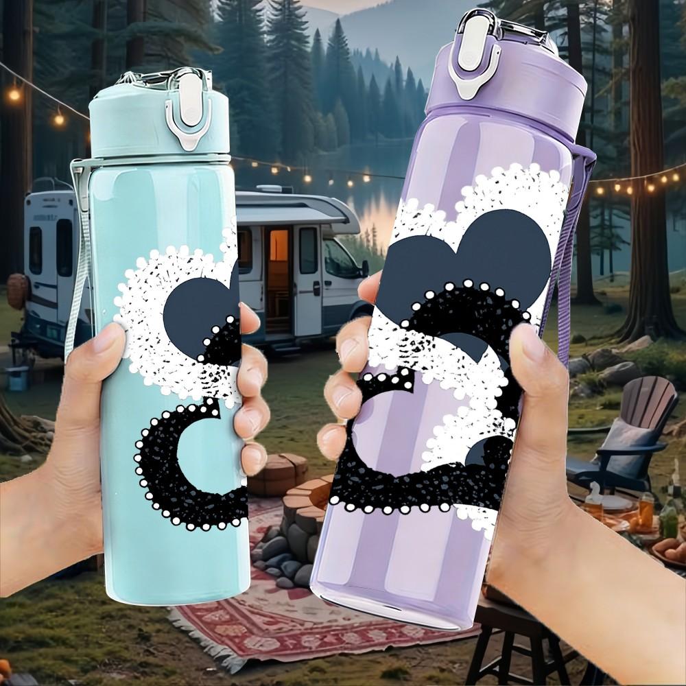 1PC Swirly Intertwined Black Heart Print 750ml Color Plastic Sports Water Bottle Leakproof Flip Straw Lid Suitable for Sports Office Home Use