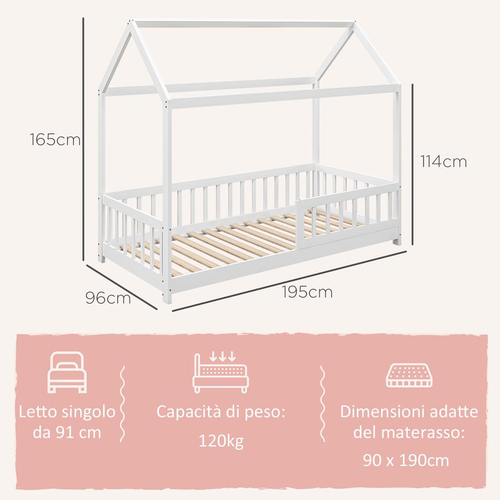 House-Shaped Kids Bed Frame with Guard Rails, Solid Pine Wood Single Bed Frame for Kids Boys and Girls