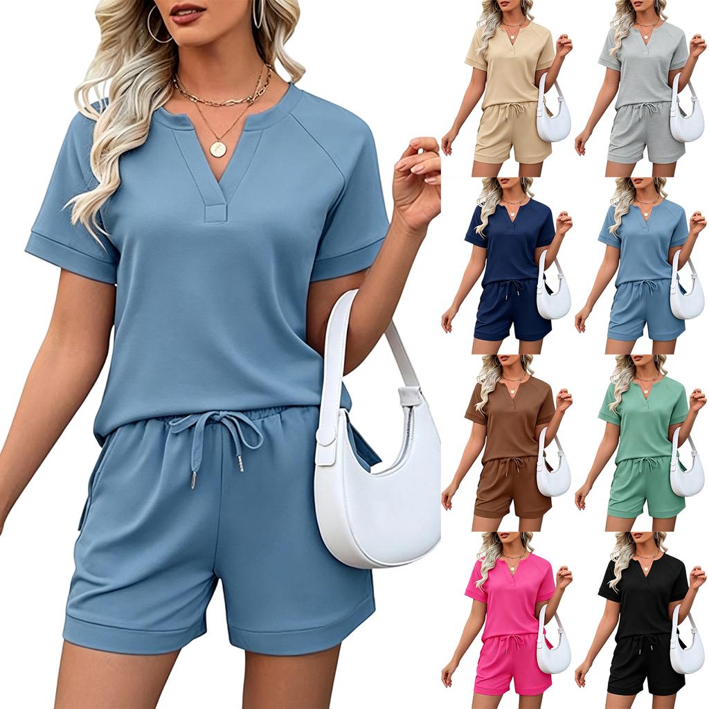 Zomer Tweedeelss Set voor Dames V-hals Top met Korte Mouwen en Taille met Trekkoord Shorts Casual Loungewear Outfit voor Dagelijks Gebruik