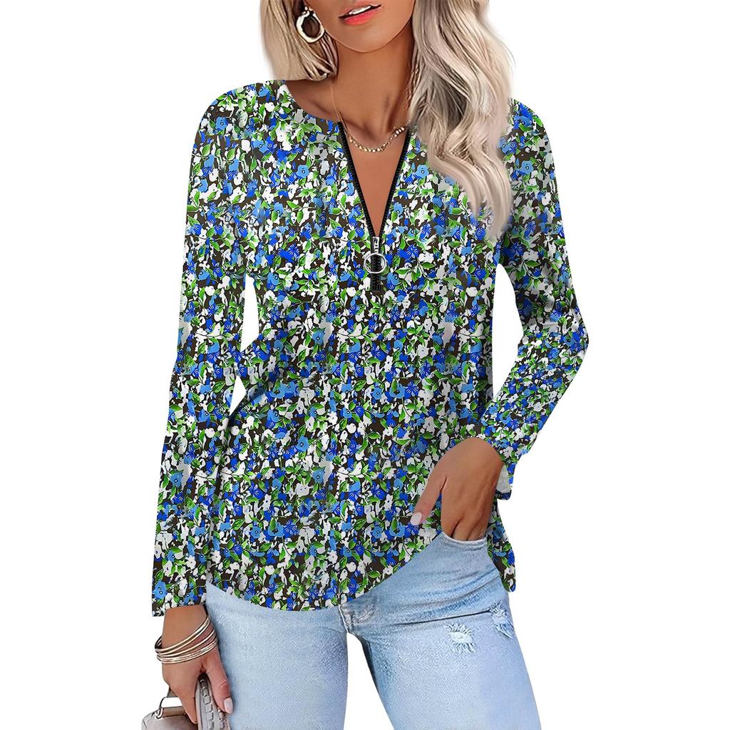 Damenmode Lässig Bedruckt Reißverschluss V-Ausschnitt Langarm Shirt Tops