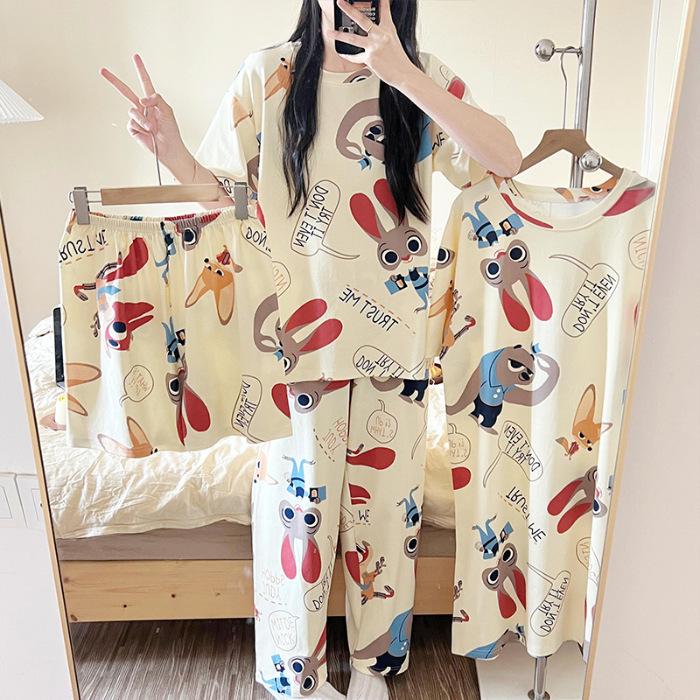 Women's Summer Cotton-Feel Short-Sleeve Nightdress & Pajama Set