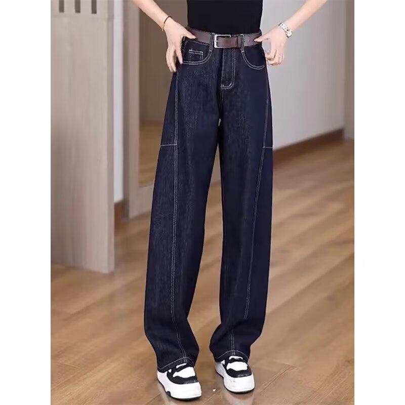 

Джинсы прямого кроя с полукруглым вырезом, больших размеров, для похудения, осень/зима 2024 - Роскошные джинсы в пол для женщин XL темно-синий