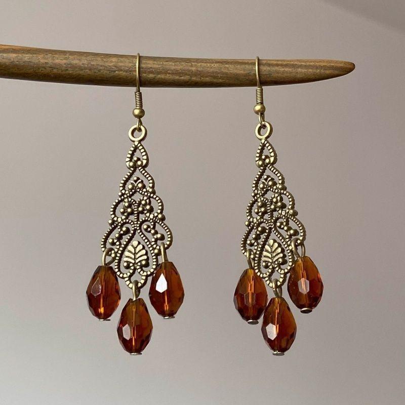 Bohemia Hollowed-out Embossed Filigree Waterdrop Tassel Dangle Earrings for Women Retro Ethnic Style Vacation Jewelry Accessory