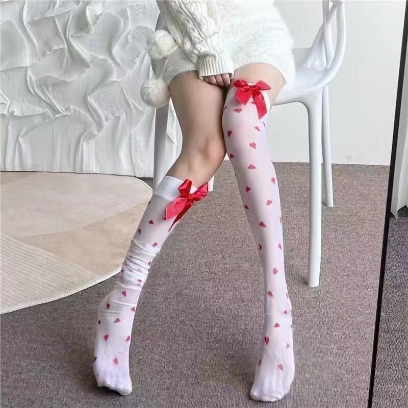 Women Sexy Cute Love Heart Pattern Stockings Nylon High Stockings With Bow Decoration Valentine Day Gift Christmas Wear