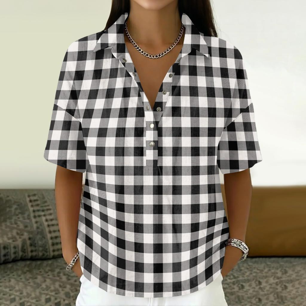 Women’s Turn Down Collar Button Up Vintage Print Short Sleeve Relaxed Fit Casual T Shirt Blouse Top for Everyday Wear