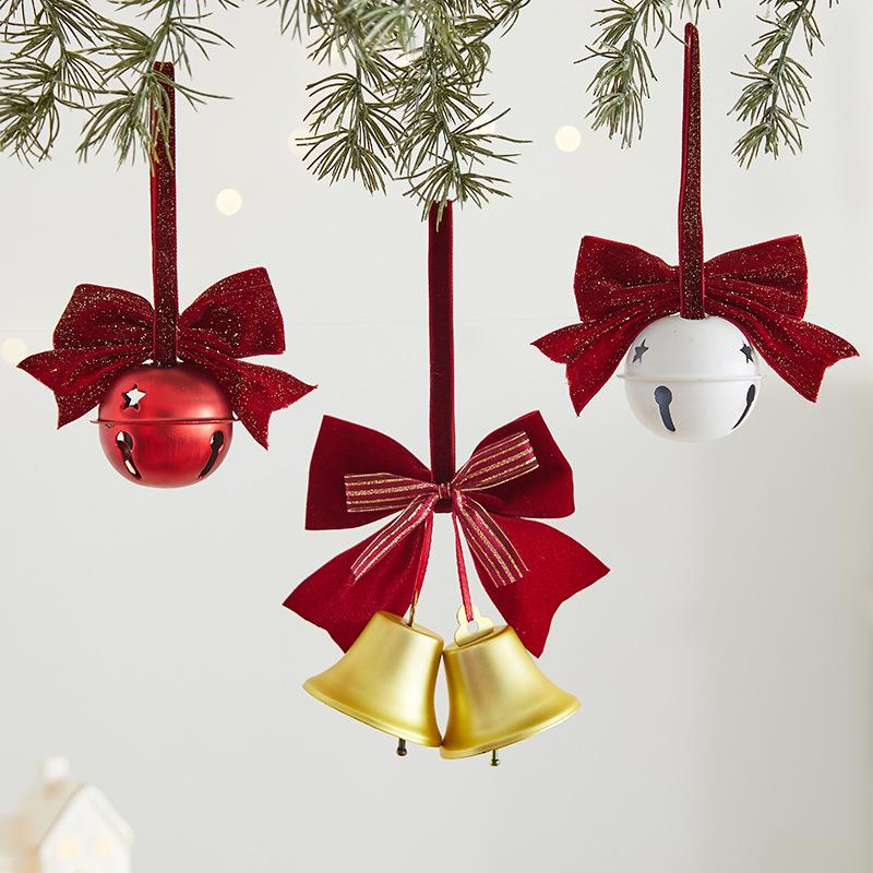 Christmas Creative Ornaments for Christmas Tree, Bow-shaped Ironwork Circular Bell Pendant, Festive Scene Decoration