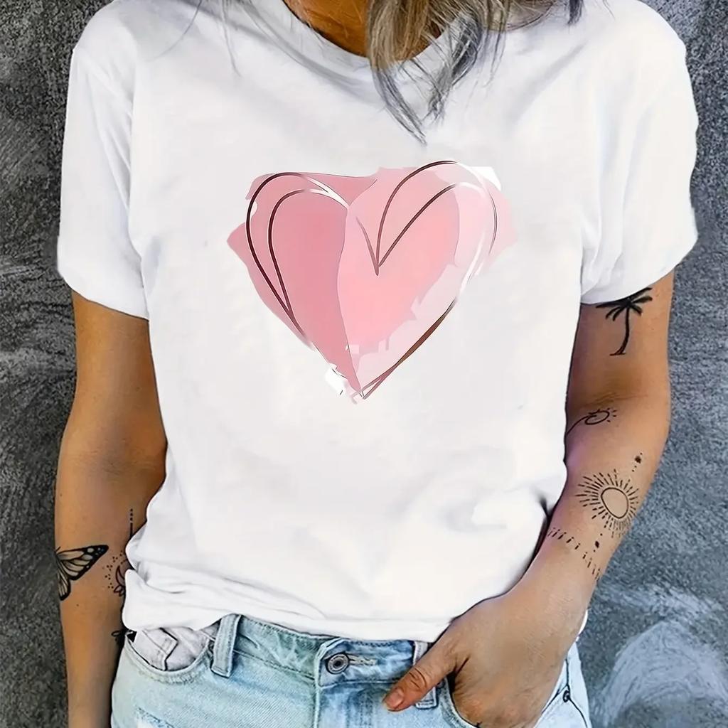 Women's T-shirt Heart-shaped Pattern Printing Summer Clothing Round Neck Short Sleeve Summer Sleeved Harajuku Streetwear Tops
