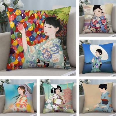 Kimono Girl Japanese Style Cushion Cover Plush Fabric Soft DoubleSided Printed Sofa Warm Winter Home Child Gift Pillow Case