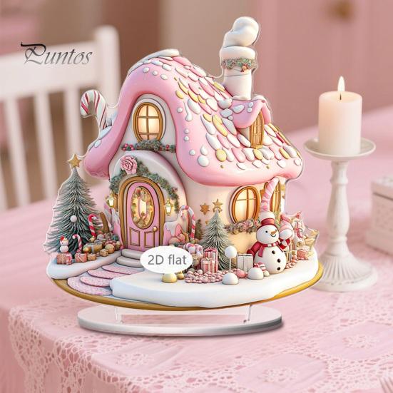 Acrylic Holiday Ornaments for Home Decor 2D Christmas Tree Figurine, Dreamy Floral Candy House Tabletop Showcase Ornaments, Centerpiece Office