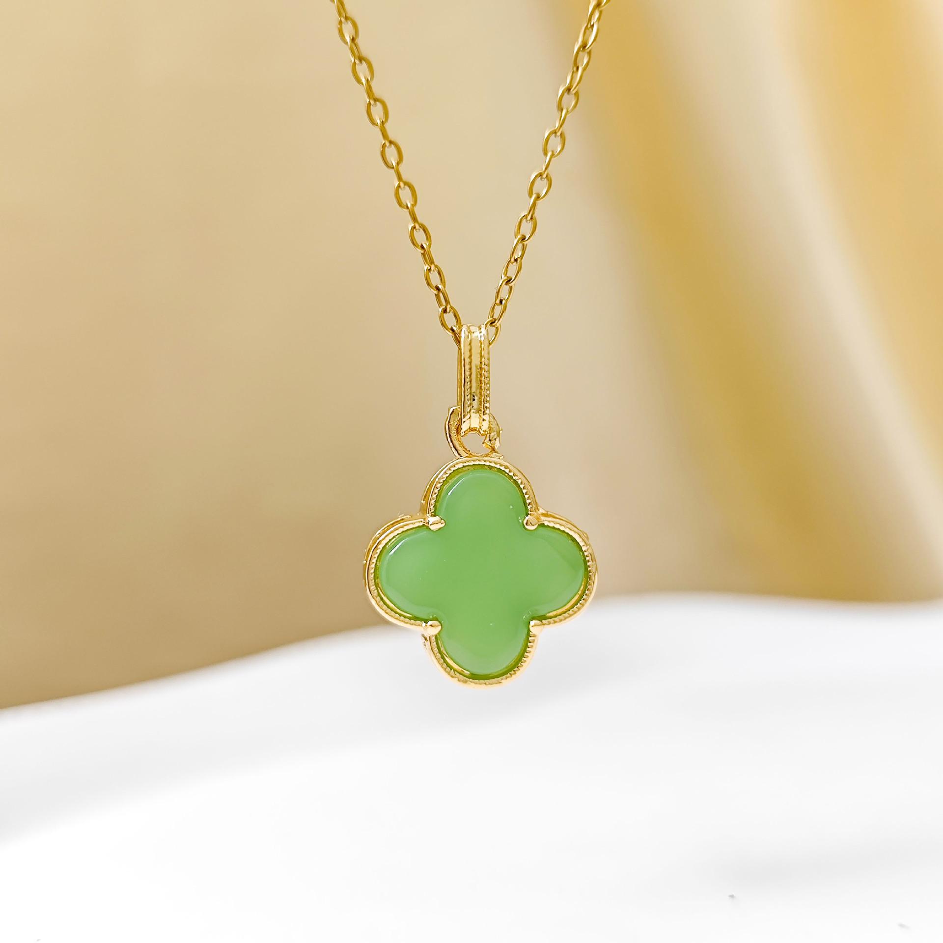 Retro Four-Leaf Clover Necklace: Gold-Plated Titanium Steel with Faux Hetian Jade Pendant