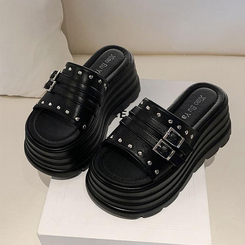 Women's Chunky Slippers 8CM Height Increasing Platform Sandals 2025Summer New Beach Slippers for Women Punk Style Casual Slipper