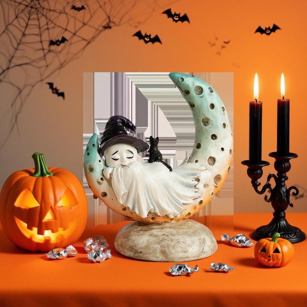 Ghost Figurine Resin Ghost Halloween Figurines with Witch Hat Home Decor Spooky for Holiday Indoor Outdoor Living Room Kitchen