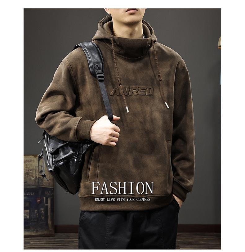 Men's Heavyweight Retro Hooded Sweatshirt: Autumn/Winter Thickened Style with Stamped Half-High Collar.