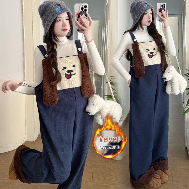 2025 Korean Style Maternity Winter Set: Cartoon Plus Velvet Overalls & Knit Base Layer Two-Piece. L [110-125 Jin Recommended]