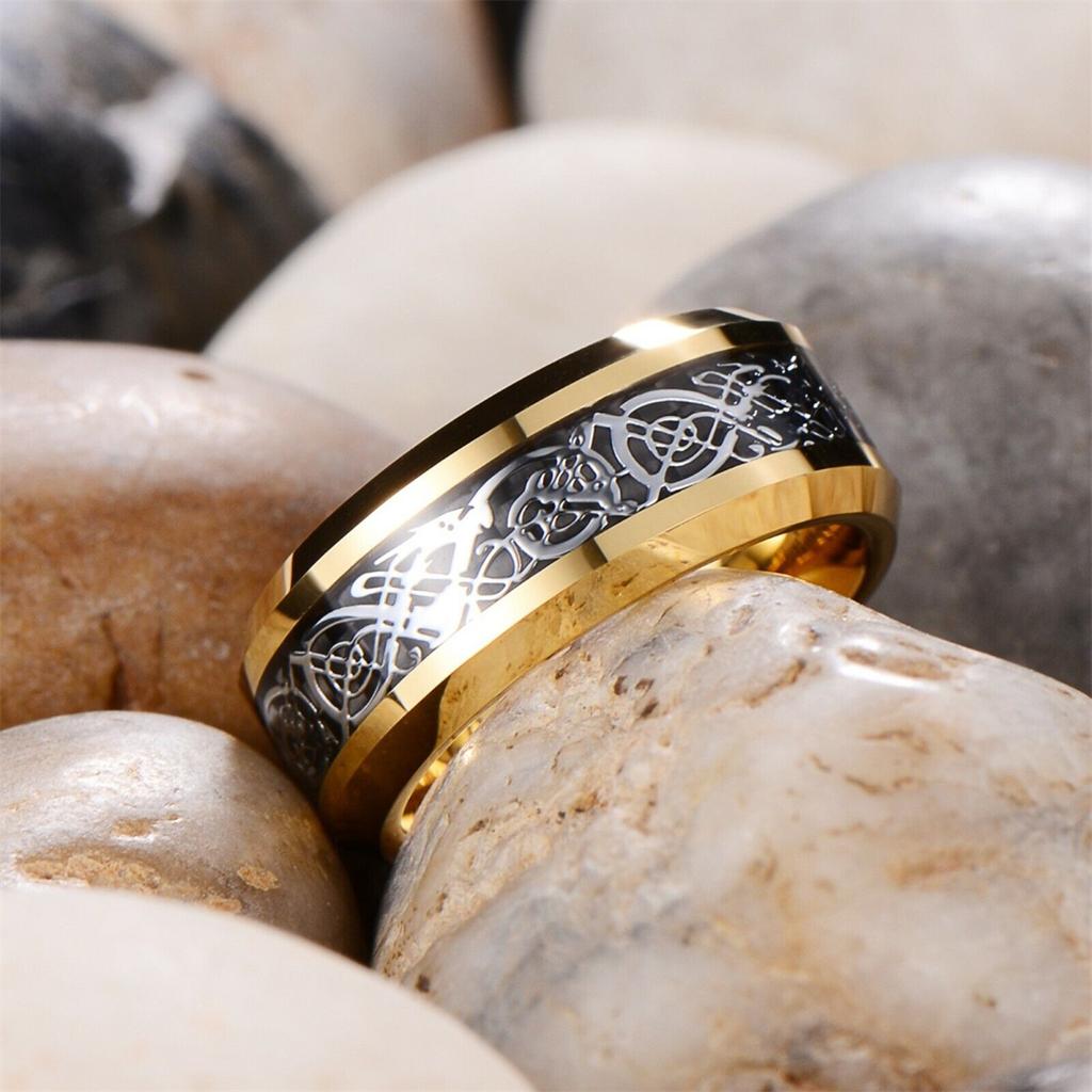 Fashion Gold Color Men Stainless Steel Celtic Dragon Rings Inlay Black Carbon Fiber Rings Men Wedding Band Jewelry