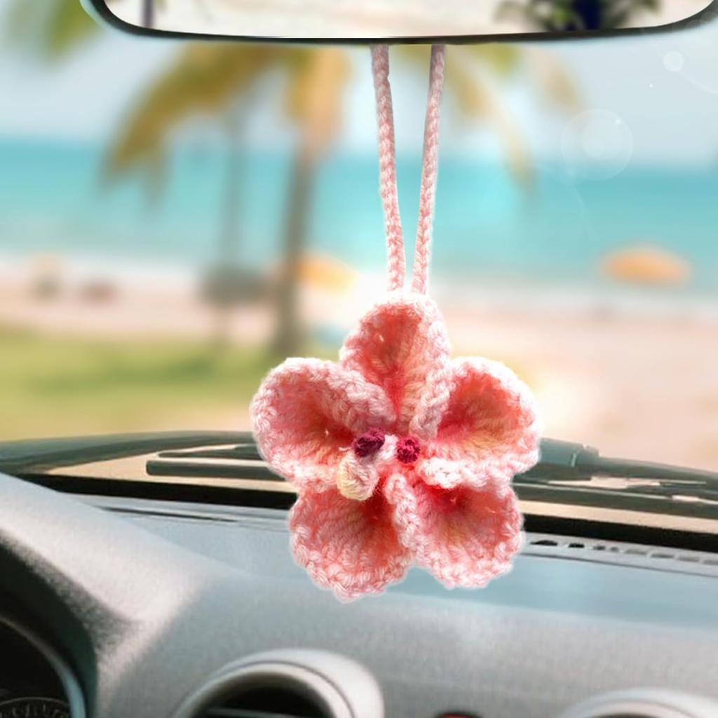 Crochet Hibiscus Flower Car Hanging Accessories for Women,Handmade Hawaiian Tropical Flower Ornament,Cute Crochet Plant for Car Rearview Mirror