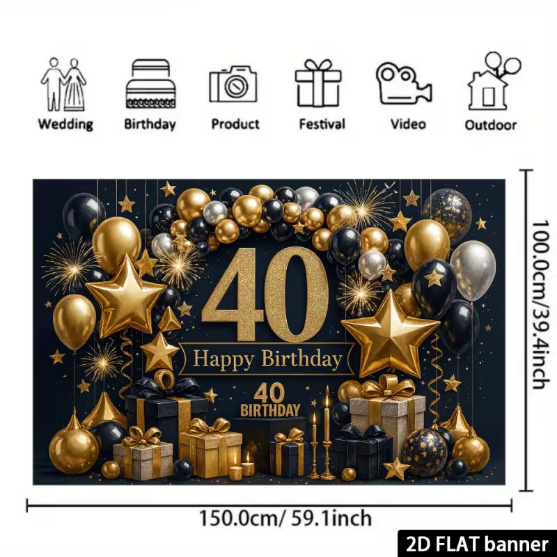 Sfondo 2D per Festa di 40° Compleanno - Scatola Regalo e Striscione con Palloncini Nero Oro di Lusso per Servizio Fotografico di 40° Compleanno per Adulti
