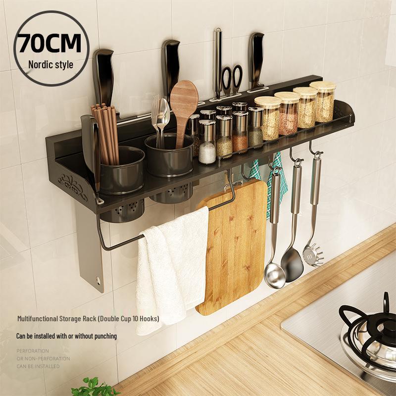 Wall-Mounted 304 Stainless Steel Kitchen Rack: Punch-Free Knife Holder & Multifunctional Seasoning Storage.