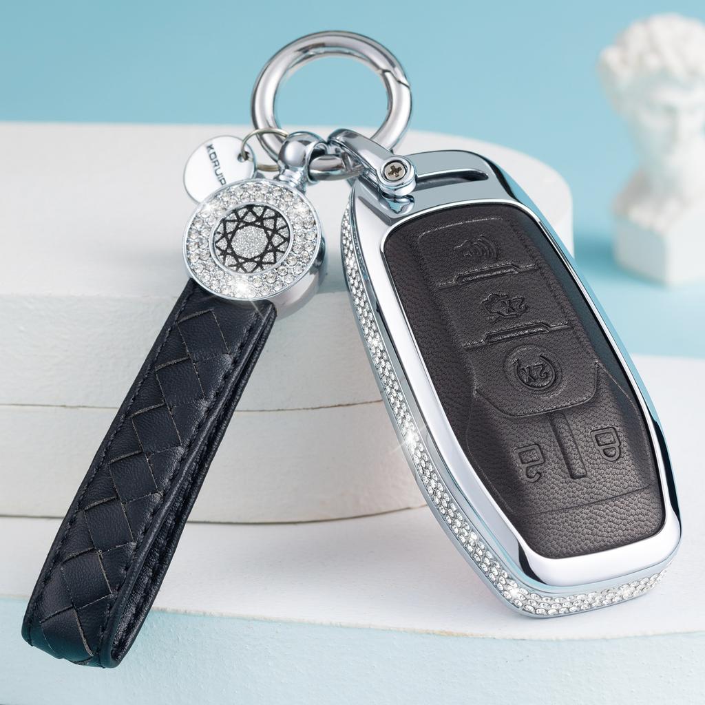 Compatible with Ford Key Fob Cover with Keychain, Pink Genuine Leather Crystal Key Case Protection Shell for Ford Fusion Mustang