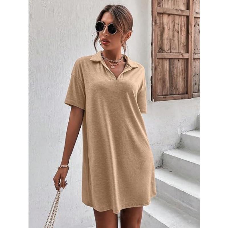 YYFS Women's Fashion Summer Spring Solid Color Print Short Sleeve POLO Neck Loose Waistline Casual Dresses