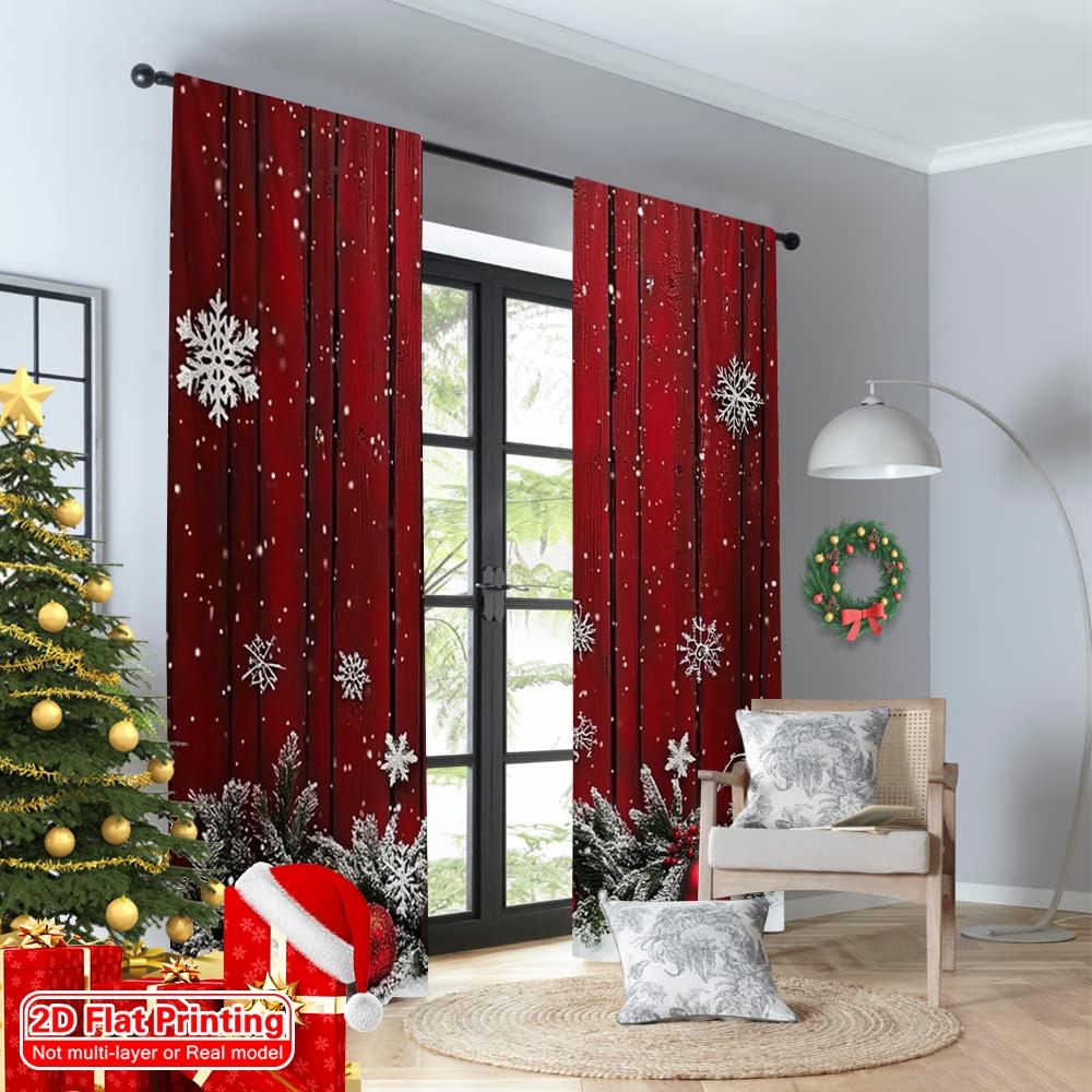 2D platte print 2 stuks Kerstgordijnen Feestelijke sneeuwvlokken en dennentakken Duurzame 100% polyester stof Zonder elektriciteit