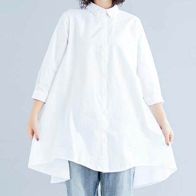 Summer Three Quarter Sleeve Women Long Shirt White Black Loose Top Blouse Casual Lapel Collar Irregular Shirts