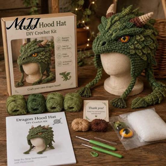 Halloween Cosplay Hat Kit Fantasy Hood Crochet Kit, Cute Animal DIY Dragon Unicorn Making Supplies Skull Earflap Craft for Adults, Handmade