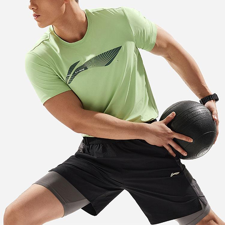 Li Ning Fitness Series Logo Letter Round Neck Comfortable Versatile Quick-Dry Short Sleeve T-Shirt Men Tops Laurel-Green ATSU021-8
