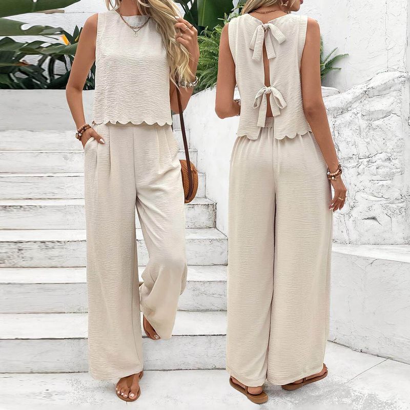 

Модный комплект: безрукавка из ледяного шелка и повседневные брюки Apricot [Ready in Stock] XL