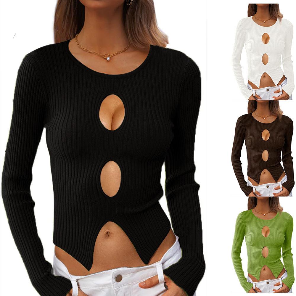 Women's Autumn Sexy Navel Top Ribbed Knit Pullover Jumper Slimming Blend Women Office Commute Comfortable and Versatile Undercoat Long Sleeves Sweater