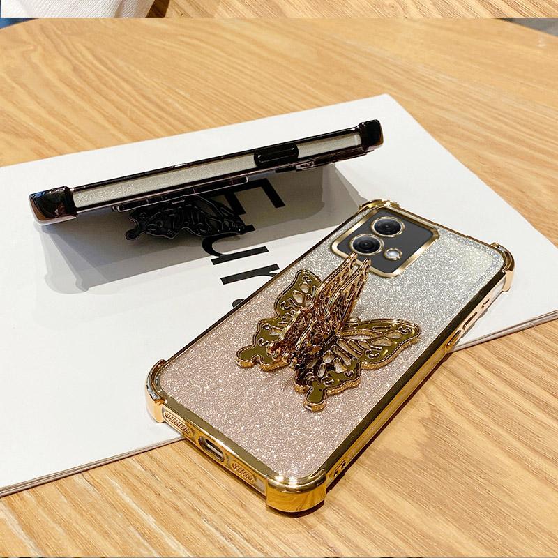 Luxury Plating Shockproof Butterfly Holder Phone Case For Motorola Moto G84 G54 G82 5G G52 G71S G10 G20 G30 Glitter Soft Cover