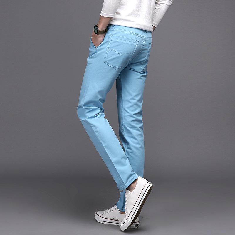 

Чоловічі весняно-осінні чоловічі повсякденні брюки молодіжного корейського видання Модні приталені різнокольорові чисті бавовняні повсякденні універсальні довгі штани 31 небо синє кольору