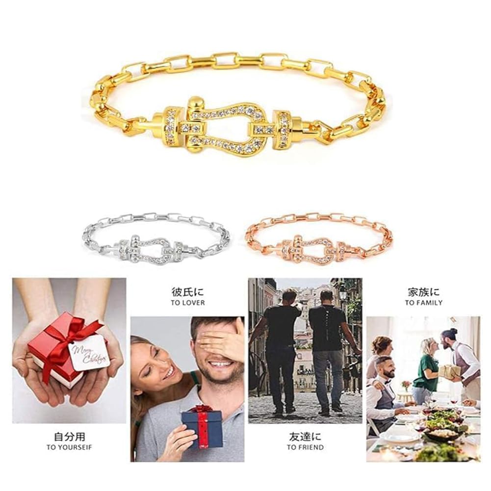 Symbol of Good Luck Horseshoe Bracelet for Women Stainless Silver Zirconia Horseshoe Bracelet Shiny CZ Diamond Bangle Horseshoe Hypoallergenic (Gold)