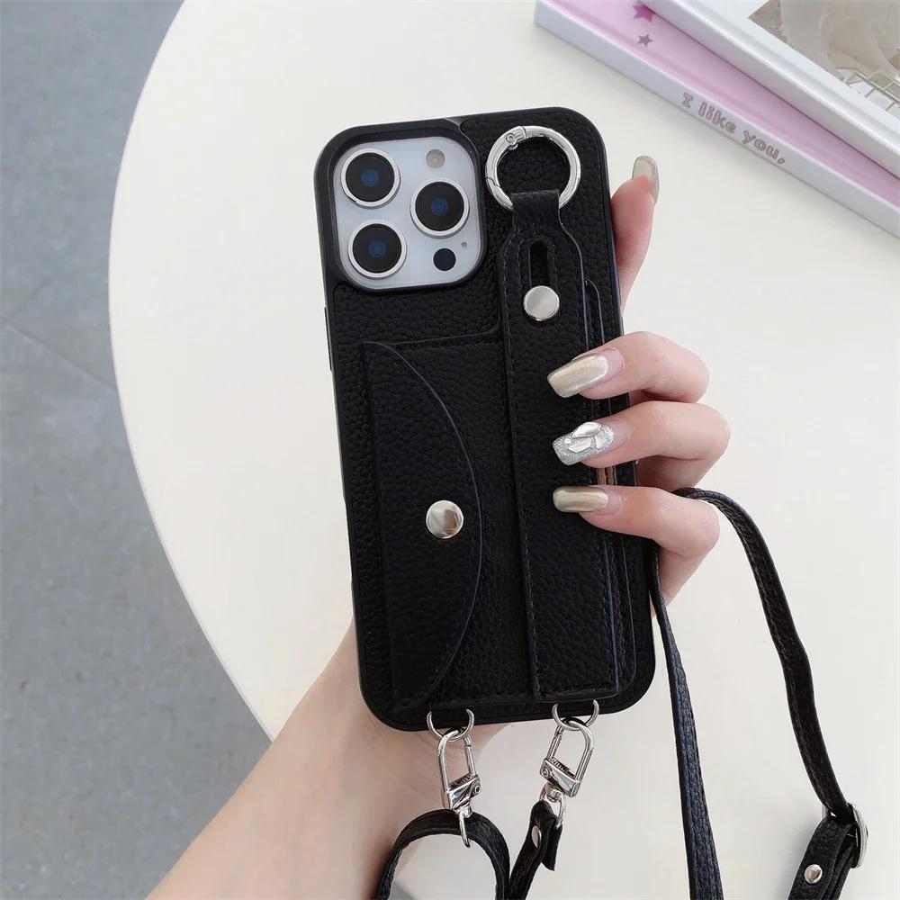 Crossbody Wrist Strap with Card Holder Phone Case for IPhone 16E 16 15 14 Plus 13 12 11 8 7 Pro Max XS Leather Ring Stand Cover