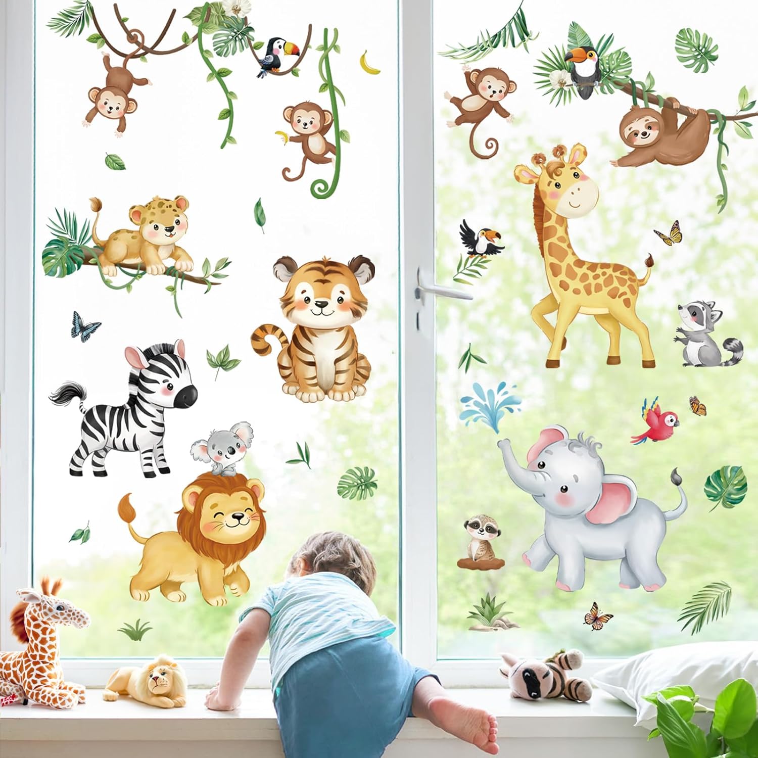 Decalmile Summer Safari Double Sided Jungle Animals Window Clings - Elephant, Monkey, Lion, Giraffe Decals - Anti-Collision Glass Stickers