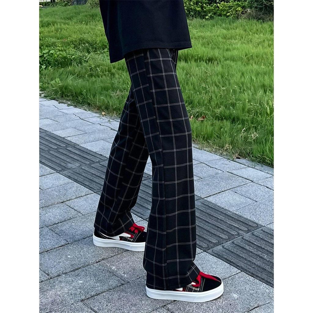 Retro Black Micro-pull Casual Pants Straight American Plaid Pants Men's Ean Plaid Pants Summer Quick-drying Cotton