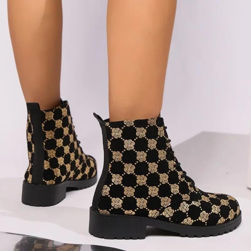 Mode Automne Nouvelles Bottines Chunky Femmes Mode Tête Ronde Lacets Avant Imprimées Semelle Souple Antidérapantes Confortables Chaussures Simples
