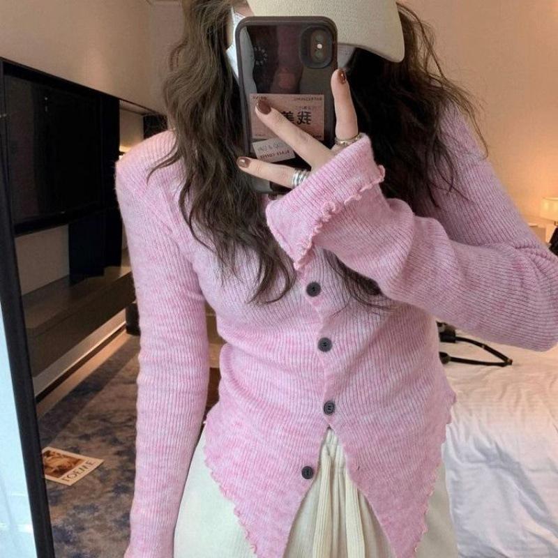 

Вязаные кардиганы женские однотонные с V-образным вырезом простые корейские модные универсальные топы Y2k повседневные свитера эстетичная одежда One Size розовый