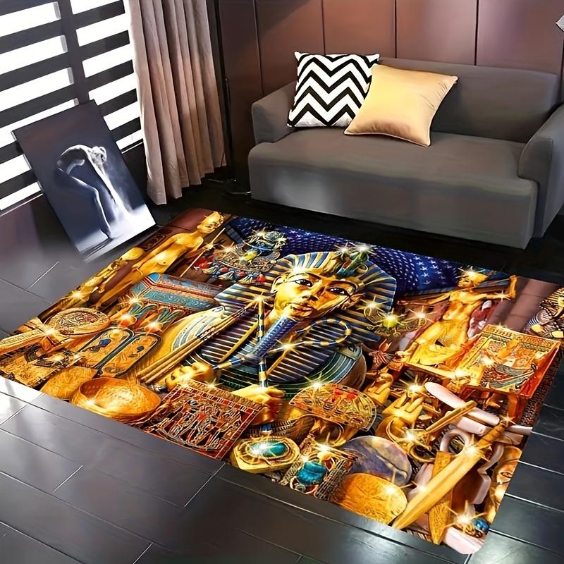 Luxurious Egyptian Pharaoh Rug for Living Room - Ancient Civilization Art Carpet with Gold Accents | Historical Decor
