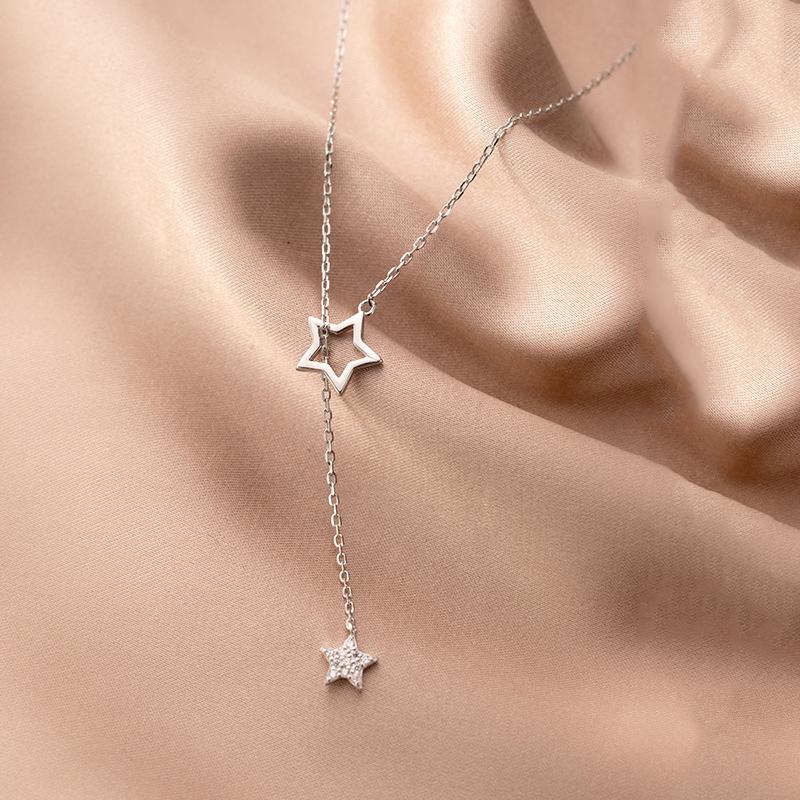 WANTME Real 925 Sterling Silver Fashion Korean Romantic Hollow Star Link Chain Clavicle Necklace for Women Wedding Jewelry Gift