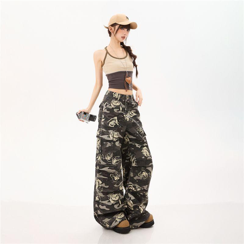 Spring Summer Pure Cotton Unique Print Relax Wide Leg Casual Cargo Denim Pants For Ladies Casual Pants Oversize Denim Trousers